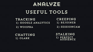 Analyze
     Useful tools
tracking              creeping
1) Google analytics   1) Rejoiner
2) woopra             2) sessioncam


chatting              stalking
1) Olark              1) Perfect
                         audience
 