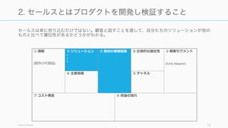 セールスは単に売り込むだけではない。顧客と話すことを通して、自分たちのソリューションが他の
ものと比べて優位性があるかどうかがわかる。
Lean Canvas 10
2. セールスとはプロダクトを開発し検証すること
⑦ コスト構造
① 課題
(既存の代替品)
④ ソリューション
1.
2.
3.
③ 独⾃自の価値提案 ⑨ 圧倒的な優位性 ② 顧客セグメント
(Early Adaptor)
⑥ 収益の流流れ
⑧ 主要指標 ⑤ チャネル
 