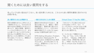 待っていても良い話は出てこない。良い話を聞くためには、こちらから良い質問を顧客に投げかける
必要がある。
100
聞くためには良い質問をする
良い質問のためには準備する
相手の情報をきちんと押さえた上
で質問をすること。そのためには
相手の会社の情報などをきちんと
調べたり、競合の情報、業界のト
レンドなどを押さえた上で、きち
んと調べていることがさりげなく
伝わるような質問をすること。信
頼がないときに質問をしても良い
答えは返ってこないし、課題など
も共有してもらえない。
一緒の方向を向くための質問
顧客の方向を見るのではなく、顧
客の立場に立って、顧客と一緒の
課題を観て、障害を乗り越えるた
めの質問をしていく。そのために
顧客の現状やゴールなどの open-
ended な質問を繰り返すこと。
SPIN Selling (Situation, Problem,
Implication, Need-payoff) や
Qualification の項目を中心に質問
すると良い。また何に恐れている
かなど、感情的なところについて
も質問すること。
Virtual Close で Yes/No を貰う
「次のステップに進むためにはど
うすれば良いですか」など、ク
ローズに向けた virtual close を順
次行っていき、Yes/No を迅速に
貰うために質問する。
セールスにおいて顧客からの
「No」は「Yes」に次いで良い答
えであり、「Maybe」が最も厄介
な答えである（時間が吸い取られ
る）。早期に Yes/No をもらうた
めにも virtual close を仕掛けてい
く。
 