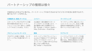 代表的なものを以下に挙げる。パートナーシップのあり方はかなりビジネスや状況に依存するので、
様々なパターンを考える。
130
パートナーシップの種類は様々
代理販売 & 流通 (チャネル)
スタートアップのプロダクトの販
売や流通を担当するパートナー。
ソリューションの一部として販売
してくれることもある。ただし
シナジー
大企業が一部の業務でスタート
アップのサービスを使ったり、一
部の顧客に刺さる連携を行う。
例）Google + Yahoo!, Apple +
Nike, Evernote + ScanSnap
マーケティング
マーケティングを一緒に行ってい
くパートナーシップ。お互いの顧
客相手の相乗効果などを狙う。共
同イベントなどもありうる。
プロフェショナル サービス
プロダクトの導入や教育、コンサ
ルティングなどを請け負うパート
ナー。
開発
スタートアップのプラットフォー
ム上などで独自にアプリを作るな
どをしてくれるパートナー。プ
ラットフォーム側が API などを公
開しておく必要がある。
例) Twitter + HootSuite
サプライヤ
ハードウェアスタートアップの場
合、サプライヤの選定が大きな問
題となる。特別な部品などに関し
ては専属契約などを結ぶことも。
 