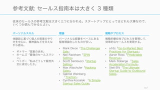 従来のセールスの参考文献は大きく三つに分かれる。スタートアップにとってはどれも大事なので、
いくつか読んでみるとよい。
147
参考文献: セールス指南本は大きく 3 種類
パーソナルスキル
体験談に基づく個人の営業のやり
方を中心に、精神論などを交えな
がら語る。
• ギトマー「営業の赤本」
• ホームズ「最強のセールスマシ
ン」
• ベトガー「私はどうして販売外
交に成功したか」
戦略やプロセス
戦略的優位性プロセスを管理して、
効率的なセールスを実現する。
• a16z「Go-to-Market Best
Practices for Startups」
• Aaron Ross「Predictable
Revenue」
• Mark Roberge 「Sales
Acceleration Formula」
• Steli Efti「The Ultimate
Startup Guide to Outbound
Sales」
• Cynthia Kocialski 「A Simple
Startup Sales Guide」
理論
パーソナルな経験をベースにある
程度理論化したものが多い。
• Mark Dixon「The Challenger
Sale」
• Neil Rackham「SPIN
Selling」
• Scott Sambucci「Startup
Selling」
• Max Altschuler「Hacking
Sales」
• Gabriel Weinberg
「Traction」
• Danie Pink「To Sell is
Human」
 