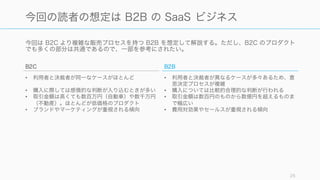 今回は B2C より複雑な販売プロセスを持つ B2B を想定して解説する。ただし、B2C のプロダクト
でも多くの部分は共通であるので、一部を参考にされたい。
25
今回の読者の想定は B2B の SaaS ビジネス
B2C
• 利用者と決裁者が同一なケースがほとんど
• 購入に際しては感情的な判断が入り込むときが多い
• 取引金額は高くても数百万円（自動車）や数千万円
（不動産）。ほとんどが低価格のプロダクト
• ブランドやマーケティングが重視される傾向
B2B
• 利用者と決裁者が異なるケースが多々あるため、意
思決定プロセスが複雑
• 購入については比較的合理的な判断が行われる
• 取引金額は数百円のものから数億円を超えるものま
で幅広い
• 費用対効果やセールスが重視される傾向
 