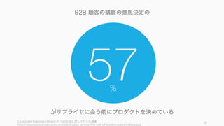 Corporate Executive Board が 1,400 社に対して行った調査
http://www.executiveboard.com/exbd/sales-service/the-end-of-solution-sales/index.page
30
57
がサプライヤに会う前にプロダクトを決めている
B2B 顧客の購買の意思決定の
%
 