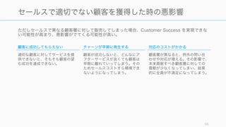 ただしセールスで異なる顧客層に対して販売してしまった場合、Customer Success を実現できな
い可能性が高まり、悪影響がでてくる可能性が高い。
55
セールスで適切でない顧客を獲得した時の悪影響
顧客に成功してもらえない
適切な顧客に対してサービスを提
供できないと、そもそも顧客の望
む成功を達成できない。
チャーンが早期に発生する
顧客が成功しないと、どんなにア
フターサービスが良くても顧客は
早期に離れていってしまう。その
ためセールスコストすら補填でき
ないようになってしまう。
対応のコストがかかる
顧客層が異なると、例外の問い合
わせや対応が増える。その影響で、
本来貢献すべき顧客層に対しての
貢献が少なくなってしまい、結果
的に全員が不満足になってしまう。
 