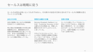 セールスは売れば良いというものではない。その時々の会社の方針に合わせてセールスの戦略も変え
ていくことが大事。
62
セールスは戦略に従う
会社の方向性
会社の戦略に沿いながら営業戦略
を決めていく必要がある。
特に現在の営業戦略の方向性は新
規獲得なのか、顧客維持なのか、
長期の関係構築のみに絞っている
のか、あるいは仮説検証フェーズ
なのかなど、現在の戦略によって
セールス活動が異なってくる。
理想的な顧客の定義
Nichole Elizabeth DeMeré によ
れば、Customer Success におけ
る最も大きな間違いは、間違った
顧客を引きつけてしまうことだ、
と言っている。
そのようにならないように、セー
ルス時点で理想的な顧客の定義を
行っておくべきである。そうしな
ければ折角購入してくれた顧客に
価値を提供できないまま、チャー
ンしていく可能性が高まる。
役割の把握
セールスは個人プレイではないし、
売ることだけではない。前後の活
動との関係性や、セールス活動に
おけるチームプレイができやすい
ように、役割や組織について決め
ておく必要がある。
 