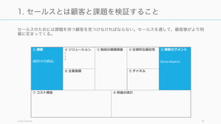 セールスのためには課題を持つ顧客を見つけなければならない。セールスを通して、顧客像がより明
確に定まってくる。
Lean Canvas 9
1. セールスとは顧客と課題を検証すること
⑦ コスト構造
① 課題
(既存の代替品)
④ ソリューション
1.
2.
3.
③ 独⾃自の価値提案 ⑨ 圧倒的な優位性 ② 顧客セグメント
(Early Adaptor)
⑥ 収益の流流れ
⑧ 主要指標 ⑤ チャネル
 