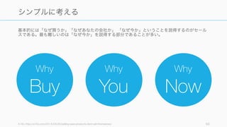 基本的には「なぜ買うか」「なぜあなたの会社か」 「なぜ今か」ということを説得するのがセール
スである。最も難しいのは「なぜ今か」を説得する部分であることが多い。
A16z, http://a16z.com/2014/05/30/selling-saas-products-dont-sell-themselves/ 93
シンプルに考える
Why
Buy
Why
You
Why
Now
 