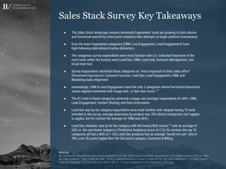Startup Sales
Stack Report 2017
Sales Stack Survey Key Takeaways
● The Sales Stack landscape remains extremely fragmented: tools are growing in both volume
and functional specificity (more point solutions than attempts at larger platform businesses).
● Even the least fragmented categories (CRM, Live Engagement, Lead Engagement) have
high-following alternatives & active detractors.
● The categories survey respondents were most familiar with (i.e. indicated they knew of the
most tools within the bucket) were Lead Gen, CRM, Lead Intel, Outreach Management, and
Email Intel tool.
● Survey respondents identified these categories as “most important to their sales effort”
(Perceived Importance): Customer Success, Lead Gen, Lead Engagement, CRM, and
Marketing-Sales Alignment.
● Interestingly, CRM & Lead Engagement were the only 2 categories where Perceived Importance
scores aligned somewhat with Usage and / or Net User Score. (1)
● The #1 tools in these categories achieved a Usage rate amongst respondents of >60%: CRM,
Lead Engagement, Content Sharing, and Data Automation.
● Lead Gen was by far category respondents were most familiar with: despite having 19 tools
included in the survey, average awareness by product was 78% (direct comparison isn’t apples
to apples, but for context the average for CRM was 40%).
● Lead Gen, however, was by far the category with the lowest NUS scores (1)
with an average of
(60) vs. the next lower category’s (Predictive Analytics) score of (12); for context, the top 10
categories all had a NUS of > +20; Lead Gen products has an average “would not use” rate of
78%, over 30 points higher than the 2nd worst category, Contracts & Billing.
Notes:
(1) Affinity was measured by a variant of the NPS calculation as applied to usage data collected
in this survey, “Net User Score.” NUS = # respondents that currently use the product + # that have
used it before - # that would not use it / # that knew of the product at all.
 