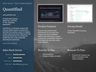 Product Features Pricing Model
Reasons To Buy Reasons To PassSales Stack Scores
Product
Price
Prevalence
G2 Rating
[Paste screenshot
#1 here]
[Paste screenshot
#2 here]
Quantifind
www.quantifind.com
Privately Held Company
Menlo Park, California
51-200 Employees
@quantifind
Quantifind is a technology company that
uncovers hidden signals in massive data
sets that drive business results. Its flagship
product extracts the most critical and timely
revenue-driving factors for a brand and
distills them into a clear statements
describing the opportunity.
Add Your G2 Crowd Review
Post-Sales / Data Enrichment
Discover what and who drives
performance for your brand, your
category, and your competitors.
Explore what’s driving your revenue.
Evaluate your sponsorships’ impact on
brand awareness and sales among
target segments.
Contact Quantifind for pricing
information.
+ Intuitive platform
+ Analysis is highly actionable
+ If you are not looking to use
data to manipulate social
media campaigns
NA or NM (add review here)
 
