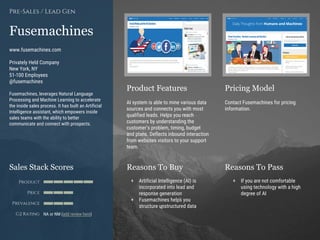Product Features Pricing Model
Reasons To Buy Reasons To PassSales Stack Scores
Product
Price
Prevalence
G2 Rating
[Paste screenshot
#1 here]
[Paste screenshot
#2 here]
Fusemachines
www.fusemachines.com
Privately Held Company
New York, NY
51-100 Employees
@fusemachines
Fusemachines, leverages Natural Language
Processing and Machine Learning to accelerate
the inside sales process. It has built an Artificial
Intelligence assistant, which empowers inside
sales teams with the ability to better
communicate and connect with prospects.
Pre-Sales / Lead Gen
AI system is able to mine various data
sources and connects you with most
qualified leads. Helps you reach
customers by understanding the
customer’s problem, timing, budget
and plans. Deflects inbound interaction
from websites visitors to your support
team.
Contact Fusemachines for pricing
information.
+ Artificial Intelligence (AI) is
incorporated into lead and
response generation
+ Fusemachines helps you
structure unstructured data
+ If you are not comfortable
using technology with a high
degree of AI
NA or NM (add review here)
 