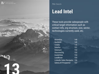 Startup Sales
Stack Report 2017
Lead Intel
Pre-Sales
These tools provide salespeople with
critical target information such as
contact info, org structure, size, sector,
technologies currently used, etc.
Bloomfire 148
BuiltWith 149
Colabo 150
Datafox 151
Datanyze 152
DiscoverOrg 153
InsideView 154
LeadBoxer 155
LinkedIn Sales Navigator 156
SalesLoft Prospector 157
 