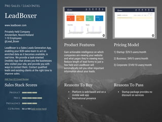 Product Features Pricing Model
Reasons To Buy Reasons To PassSales Stack Scores
Product
Price
Prevalence
G2 Rating
[Paste screenshot
#1 here]
[Paste screenshot
#2 here]
LeadBoxer
www.leadboxer.com
Privately Held Company
Amsterdam, Noord-Holland
1-10 Employees
@Lead_Boxer
LeadBoxer is a Sales Leads Generation App,
enabling your B2B sales-team to act on
enriched data as it becomes available, in
real-time. We provide a task-oriented
(mobile) App that shows you the businesses
who visited your site, and provide you with
ways to contact them. Contact qualified
leads and existing clients at the right time to
improve sales.
Add Your G2 Crowd Review
Pre-Sales / Lead Intel
Gain actionable intelligence on which
companies are viewing your website
and what pages they’re viewing most.
Reduce length of lead forms to just a
few field and LeadBoxer will
automatically tell you other important
information about your leads.
1) Startup: $29/3 users/month
2) Business: $49/5 users/month
3) Corporate: $149/10 users/month
+ Platform is web-based and on a
mobile web app
+ International presence
+ Startup package provides no
discount on services
NA or NM (add review here)
 