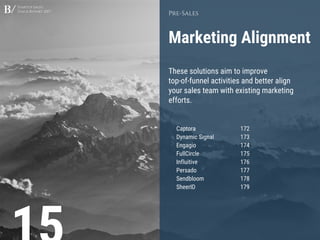 Startup Sales
Stack Report 2017
Marketing Alignment
Pre-Sales
These solutions aim to improve
top-of-funnel activities and better align
your sales team with existing marketing
efforts.
Captora 172
Dynamic Signal 173
Engagio 174
FullCircle 175
Influitive 176
Persado 177
Sendbloom 178
SheerID 179
 