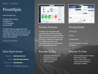 Product Features Pricing Model
Reasons To Buy Reasons To PassSales Stack Scores
Product
Price
Prevalence
G2 Rating
[Paste screenshot
#1 here]
[Paste screenshot
#2 here]
FrontSpin
www.frontspin.com
Privately Held Company
San Mateo, CA
11-50 Employees
@FrontspinHQ
FrontSpin helps you engage with more
prospects and customers in less time. Our
cloud-based sales communication tool and
power dialer implements your playbooks
across all touchpoints.
Add Your G2 Crowd Review
Sales / Calling
FrontSpin is the lead-edge sales
communication software and power
dialer. Their platform and power dialer
implements your playbooks across all
touchpoints, helping you engage with
up to 3x more prospects and
customers in less time, closing more
deals and accelerating sales.
1) Free Trial
2) Fium
3) Subscription
Contact FrontSpin for pricing
information.
+ Automate call dialing and
answering processes
+ Real-time dashboard
+ CRM integration
+
+ If your company doesn’t require
high volume calling
+ If your company does not
involve large quantities of
employees or clients
NA or NM (add review here)
 