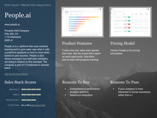 Product Features Pricing Model
Reasons To Buy Reasons To PassSales Stack Scores
Product
Price
Prevalence
G2 Rating
[Paste screenshot
#1 here]
[Paste screenshot
#2 here]
People.ai
www.people.ai
Privately Held Company
Palo Alto, CA
1-10 Employees
@ppl_ai
People.ai is a platform that uses machine
learning tech to give sales reps what it calls
a predictive playbook on how to close deals
based on past success. People.ai also
shows managers how well team members
are doing in relation to this standard. The
company is part of Y Combinator’s summer
batch.
Add Your G2 Crowd Review
Tracks how your sales team spends
their time. See the actual effort spent
on each opportunity. Data drive
one-on-ones with progress tracking.
Contact People.ai for pricing
information.
+ Comprehensive performance
analytics platform
+ Salesforce integration
+ If your company is more
interested in human assistance
rather than a.i
Post-Sales / Predictive Analytics
NA or NM (add review here)
 