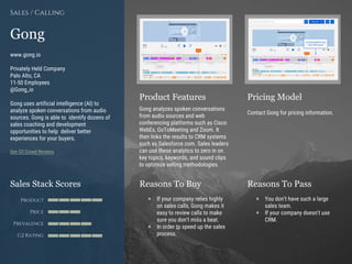 Product Features Pricing Model
Reasons To Buy Reasons To PassSales Stack Scores
Product
Price
Prevalence
G2 Rating
[Paste screenshot
#1 here]
[Paste screenshot
#2 here]
Gong
www.gong.io
Privately Held Company
Palo Alto, CA
11-50 Employees
@Gong_io
Gong uses artificial intelligence (AI) to
analyze spoken conversations from audio
sources. Gong is able to identify dozens of
sales coaching and development
opportunities to help deliver better
experiences for your buyers.
See G2 Crowd Reviews
Sales / Calling
Gong analyzes spoken conversations
from audio sources and web
conferencing platforms such as Cisco
WebEx, GoToMeeting and Zoom. It
then links the results to CRM systems
such as Salesforce.com. Sales leaders
can use these analytics to zero in on
key topics, keywords, and sound clips
to optimize selling methodologies.
Contact Gong for pricing information.
+ If your company relies highly
on sales calls, Gong makes it
easy to review calls to make
sure you don’t miss a beat.
+ In order to speed up the sales
process.
+ You don’t have such a large
sales team.
+ If your company doesn't use
CRM.
 