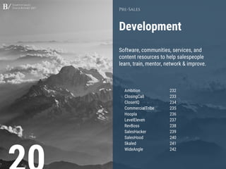 Startup Sales
Stack Report 2017
Development
Pre-Sales
Software, communities, services, and
content resources to help salespeople
learn, train, mentor, network & improve.
Ambition 232
ClosingCall 233
CloserIQ 234
CommercialTribe 235
Hoopla 236
LevelEleven 237
RevBoss 238
SalesHacker 239
SalesHood 240
Skaled 241
WideAngle 242
 