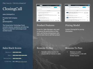 Product Features Pricing Model
Reasons To Buy Reasons To PassSales Stack Scores
Product
Price
Prevalence
G2 Rating
[Paste screenshot
#1 here]
[Paste screenshot
#2 here]
ClosingCall
www.closingcall.co
Privately Held Company
UK
@ClosingCallCo
The Conservative Technology Forum
consults industry, academia, and other key
figures on important technological and
societal issues.
Pre-Sales / Development
Forum for: Sales Managers who want
to improve the performance of their
team ,and Startup entrepreneurs who
want to learn how to sell their product
Contact ClosingCall for pricing
information.
+ Valuable online resource for
anyone with an interest in sales
+ Reliance on public
contributions to a site with
limited traction
NA or NM (add review here)
 
