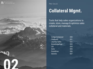 Startup Sales
Stack Report 2017
Collateral Mgmt.
Pre-Sales
Tools that help sales organizations to
create, store, manage & optimize sales
collateral and materials.
Conga Composer 030
FileBoard 031
Journey Sales 032
KnowledgeTree 033
LIA 034
Octiv 035
PointDrive 036
Seismic 037
 