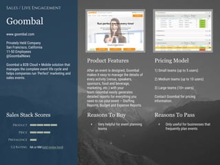 Product Features Pricing Model
Reasons To Buy Reasons To PassSales Stack Scores
Product
Price
Prevalence
G2 Rating
[Paste screenshot
#1 here]
[Paste screenshot
#2 here]
Goombal
www.goombal.com
Privately Held Company
San Francisco, California
11-50 Employees
@GoombalNews
Goombal a B2B Cloud + Mobile solution that
manages the complete event life cycle and
helps companies run ‘Perfect’ marketing and
sales events.
Sales / Live Engagement
After an event is designed, Goombal
makes it easy to manage the details of
every activity (venue, speakers,
sponsors, food and beverage,
marketing, etc.) with your
team.Goombal easily generates
detailed reports for everything you
need to run your event – Staffing
Reports, Budget and Expense Reports.
1) Small teams (up to 5 users)
2) Medium teams (up to 10 users)
3) Large teams (10+ users)
Contact Goombal for pricing
information.
+ Very helpful for event planning
teams
+ Only useful for businesses that
frequently plan events
NA or NM (add review here)
 