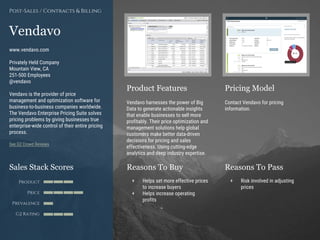 Product Features Pricing Model
Reasons To Buy Reasons To PassSales Stack Scores
Product
Price
Prevalence
G2 Rating
[Paste screenshot
#1 here]
[Paste screenshot
#2 here]
Vendavo
www.vendavo.com
Privately Held Company
Mountain View, CA
251-500 Employees
@vendavo
Vendavo is the provider of price
management and optimization software for
business-to-business companies worldwide.
The Vendavo Enterprise Pricing Suite solves
pricing problems by giving businesses true
enterprise-wide control of their entire pricing
process.
See G2 Crowd Reviews
Vendavo harnesses the power of Big
Data to generate actionable insights
that enable businesses to sell more
profitably. Their price optimization and
management solutions help global
customers make better data-driven
decisions for pricing and sales
effectiveness. Using cutting-edge
analytics and deep industry expertise.
Contact Vendavo for pricing
information.
+ Helps set more effective prices
to increase buyers
+ Helps increase operating
profits
+ Risk involved in adjusting
prices
Post-Sales / Contracts & Billing
 