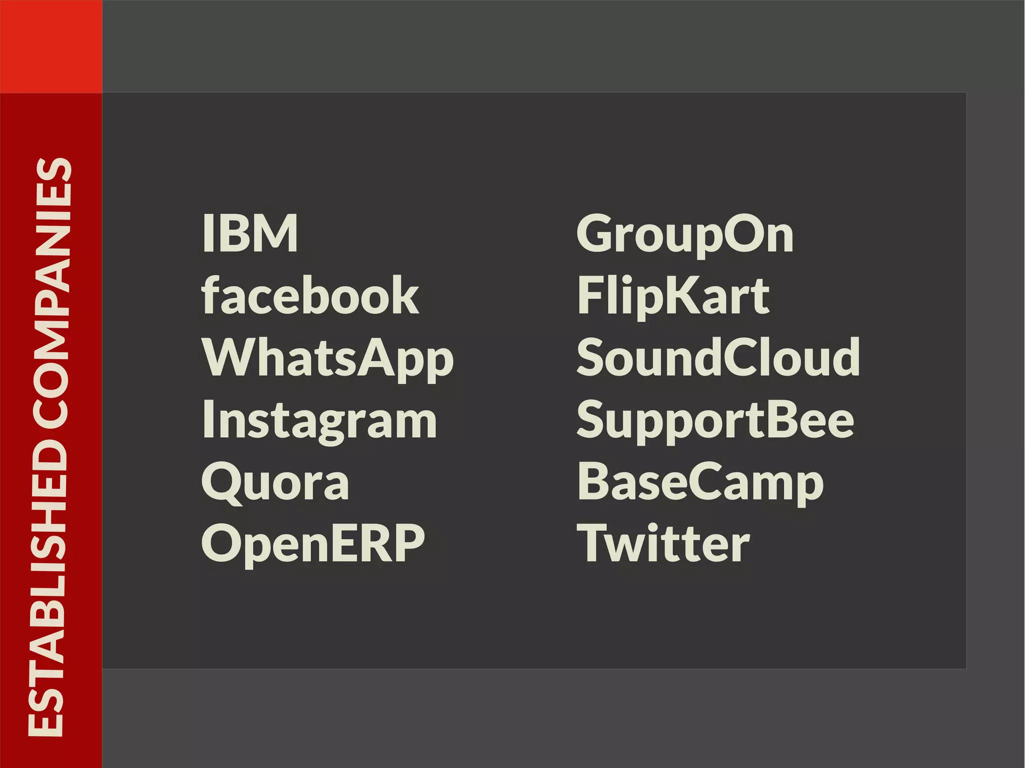 IBM
facebook
WhatsApp
Instagram
Quora
OpenERP
ESTABLISHEDCOMPANIES
GroupOn
FlipKart
SoundCloud
SupportBee
BaseCamp
Twitter
 