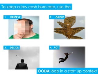 To keep a low cash burn rate, use the

 1.   OBSERVE            2.   ORIENT




 3.   DECIDE             4. ACT




                   OODA loop in a start up context
 