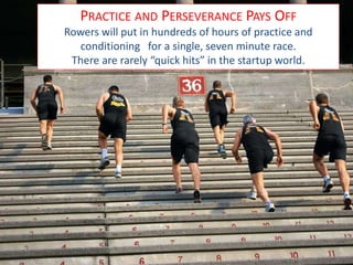 PRACTICE AND PERSEVERANCE PAYS OFF 
Rowers will put in hundreds of hours of practice and 
conditioning for a single, seven minute race. 
There are rarely “quick hits” in the startup world. 
 