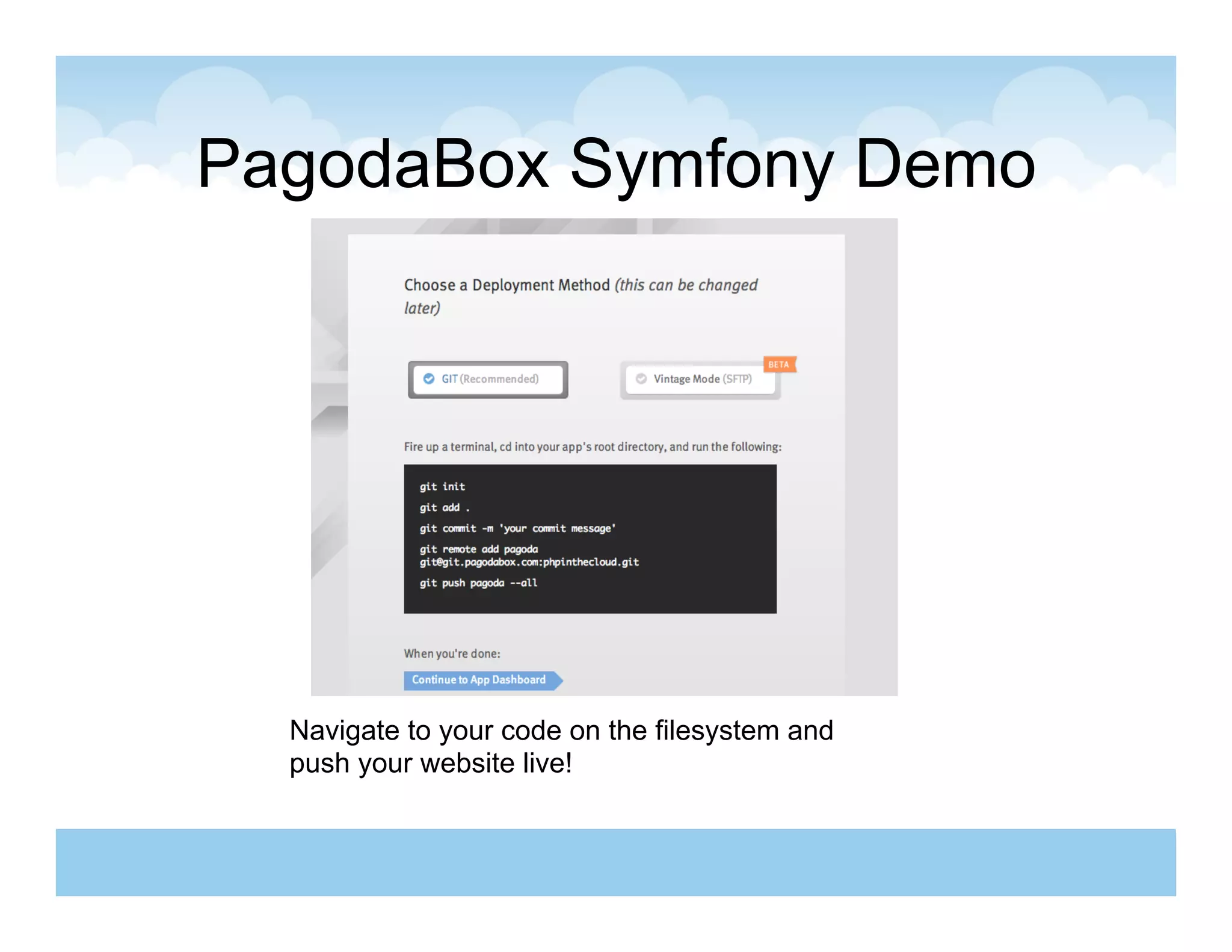 PagodaBox Symfony Demo




  Navigate to your code on the filesystem and
  push your website live!
 