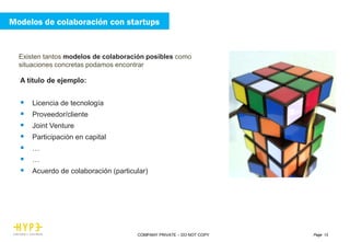 Page 13COMPANY PRIVATE – DO NOT COPY
A título de ejemplo:
 Licencia de tecnología
 Proveedor/cliente
 Joint Venture
 Participación en capital
 …
 …
 Acuerdo de colaboración (particular)
Existen tantos modelos de colaboración posibles como
situaciones concretas podamos encontrar
Modelos de colaboración con startups
 