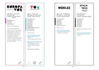 Date: 11 - 14 Jul. 2017
Next Date: 19 - 22 Jun. 2018
Location: Berlin, Germany
20,000 participants
106 exhibitors
75 corporates
450 investors
200 speakers
40 countries
1,200 startups
200 international media outlets
22 media partners
25 startup pitches
Website: toa.berlin
STARTUP SESAME ACTIVATION:
•Telegram group with over 80
members
• Key information shared with clients
EVENT ACCELERATION PROGRAM:
Sesame startups on-site: Look
Live Media (Belgium) / Combyne
(Germany) / POMP (France) / Zify
(France)
Zify won the pitch competition
Date: 29 Jun. - 02 Jul. 2017
Next Date: TBD
Location: Clermont-Ferrand,
France
50,000 participants
25 countries
27 startups
6 startup pitches
Website: europavoxfestival.com
A partnership with digital startup
incubators, a space for experimentation
offering a selection of startup to test
their prototypes on each dimension
of the cooperation project and in an
international environment, a space
for creativity bringing together
professionals, startups and journalists
in order to stimulate the expression of
new needs, identification of new uses
and innovative devices.
Date: 04 Sep. 2017
Next Date: TBD
Location: Stockholm, Sweden
4,000 participants
120 exhibitors
100 investors
35 journalists
60 speakers
20 countries
100 startups
Website: sthlm-tech-fest-2017.confetti.
events
EVENT ACCELERATION PROGRAM:
Sesame startup on-site: Combyne
(Germany)
Date: 11 Jul. - 01 Aug. 2017
Next Date: 17 - 18 Oct. 2018
Location: Hollywood, USA
1,720 participants
16 exhibitors
50 investors
80 journalists
20 countries
640M of media reach
Website: worldz.us
STARTUP SESAME ACTIVATION:
• Key information shared with clients
• Tickets sold via promo code
• PAGE - 16 • • PAGE - 17 •
 