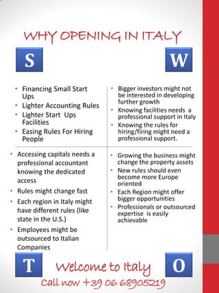 WHY OPENING IN ITALY
S W
O
• Accessing capitals needs a
professional accountant
knowing the dedicated
access
• Rules might change fast
• Each region in Italy might
have different rules (like
state in the U.S.)
• Employees might be
outsourced to Italian
Companies
T
• Financing Small Start
Ups
• Lighter Accounting Rules
• Lighter Start Ups
Facilities
• Easing Rules For Hiring
People
• Bigger investors might not
be interested in developing
further growth
• Knowing facilities needs a
professional support in Italy
• Knowing the rules for
hiring/firing might need a
professional support.
• Growing the business might
change the property assets
• New rules should even
become more Europe
oriented
• Each Region might offer
bigger opportunities
• Professionals or outsourced
expertise is easily
achievable
Welcome to Italy
Call now +39 06 68905219
 