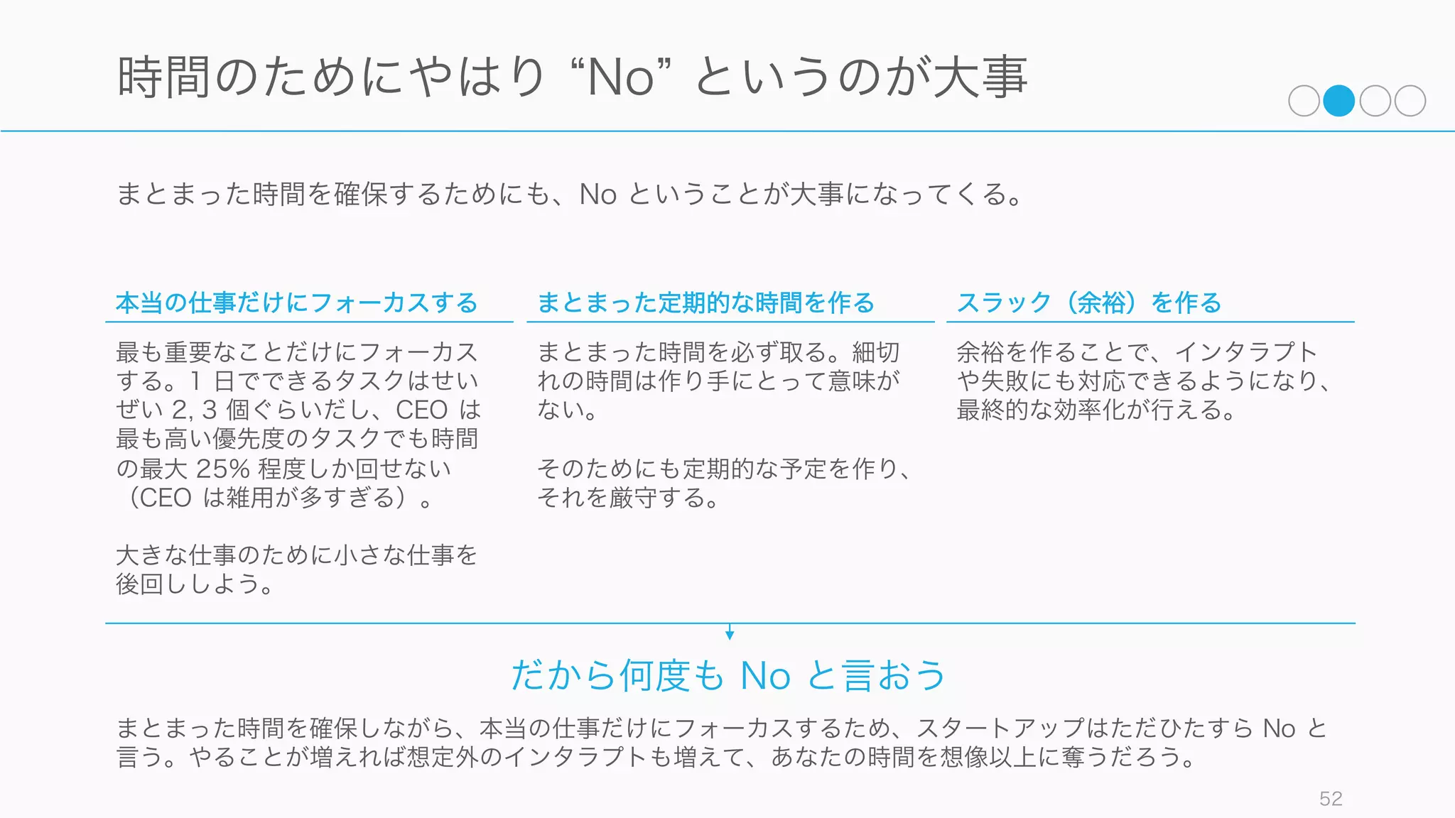 フォーカスすることでスラック（ゆとり）を作る余裕ができる。あえてスラックを作ることで、結果
的にオペレーションの効率化が可能になる場合が多い。
52
フォーカスすることで時間のスラックを作る
大きな改善が可能になる
効率性を追い求めているばかりで
は大きな変革や改善を起こしにく
いし、自由度がなければ変化に対
応できなくなる。時間的ならびに
認知的余裕を持たせることで、組
織の大幅な改善が可能になる。
Tom DeMarco もゆとりを持つこ
との重要性を説いている (Slack, 邦
題は「ゆとりの法則」)
インタラプトに対応できる
スタートアップは不確実性の高い
環境下でのビジネスであり、常に
インタラプトの戦いが発生する。
インタラプトは計画を狂わせるが、
十分なスラックがあることで計画
を狂わせることなく対応が可能に
なり、結果的に効率化が可能であ
る。
（前述の病院の事例で、あえて
「使わない手術室」を設けること
で緊急の手術に耐えられるように
なり、手術件数が 7 ∼ 11% 増加
したことを思い出して欲しい）
失敗と挑戦に対応できる
リスクをとれば必ず失敗は起こる。
スラックがあればその失敗に対応
できるようになる。
逆にスラックがないのであれば、
失敗するかもしれないチャレンジ
ングな施策などのリスクを取りづ
らくなり、創造的な働き方などが
できなくなる。
スラックがあれば何かに新しいこ
とに挑戦できる。
 