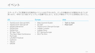 ビジネスプランや投資家向けの資料作成のコツを解説したもの。投資家がどういう情報を欲しがって
いるのかを理解した上で資料を作成することをお勧めする。
100
投資家向け資料作成
ビジネスプラン
Writing a Business Plan
Sequoia Capital によるビジネス
プランに含めるべき項目や書き方
10/20/30 Rule of PowerPoint
Guy Kawasaki による構成の仕方
Lean Canvas
ビジネスモデルの整理に便利
ピッチ
投資家向けピッチ練習は30秒か2
分かデモでお願いします / スター
トアップのシード段階における
ピッチの構成の方法
Y Combinator の考え方を中心に
したピッチの構成方法
闘志契約後のアップデート
Investor Update (例1, 2, 3)
投資家向けの定期的な情報アップ
デートに盛り込む情報
Preparing a Board Deck
Sequoia による取締役会準備指針
 