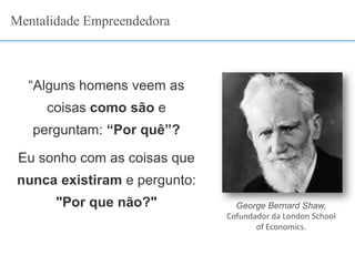 Mentalidade Empreendedora
“Alguns homens veem as
coisas como são e
perguntam: “Por quê”?
Eu sonho com as coisas que
nunca existiram e pergunto:
"Por que não?" George Bernard Shaw,
Cofundador da London School
of Economics.
 