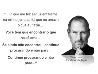 "... O que me fez seguir em frente
na minha jornada foi que eu amava
o que eu fazia...
Você tem que encontrar o que
você ama...
Se ainda não encontrou, continue
procurando e não pare...
Continue procurando e não
pare...“
Steve Jobs,
Fundador da Apple
 