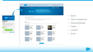 • Name
• Years of experience
• Industry/Specialty
• Twitter
• LinkedIn
• Email
 