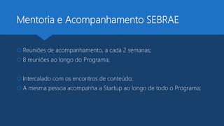 Mentoria e Acompanhamento SEBRAE
 Reuniões de acompanhamento, a cada 2 semanas;
 8 reuniões ao longo do Programa;
 Intercalado com os encontros de conteúdo;
 A mesma pessoa acompanha a Startup ao longo de todo o Programa;
 