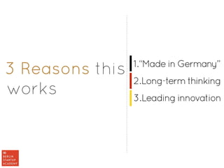 3 Reasons this 
works 
1.“Made in Germany” 
2.Long-term thinking 
3.Leading innovation 
 
