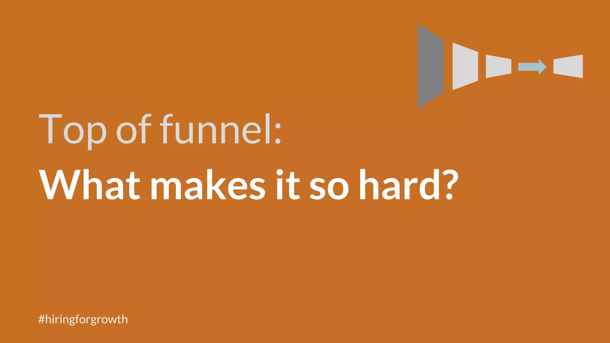 The recruiting funnel
#hiringforgrowth
Candidates
Highly
productive
employees
Sourcing Evaluate
& Sell
Close Train
Top
of
funnel
Middle
of
funnel
Sell Onboard
 