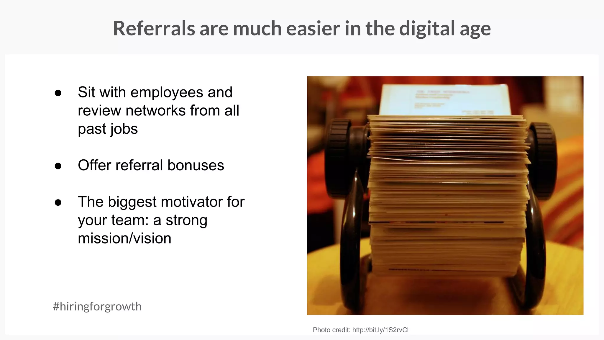 1. They can bring more focus to your sourcing efforts
2. They’ll sell your company better than an outsourced
recruiter would
3. They can build out a better candidate experience
Note: you may still need to enlist the help of a headhunter
for exec roles. If you do, choose carefully.
3 reasons to hire a full-time in-house recruiter early
#hiringforgrowth
 