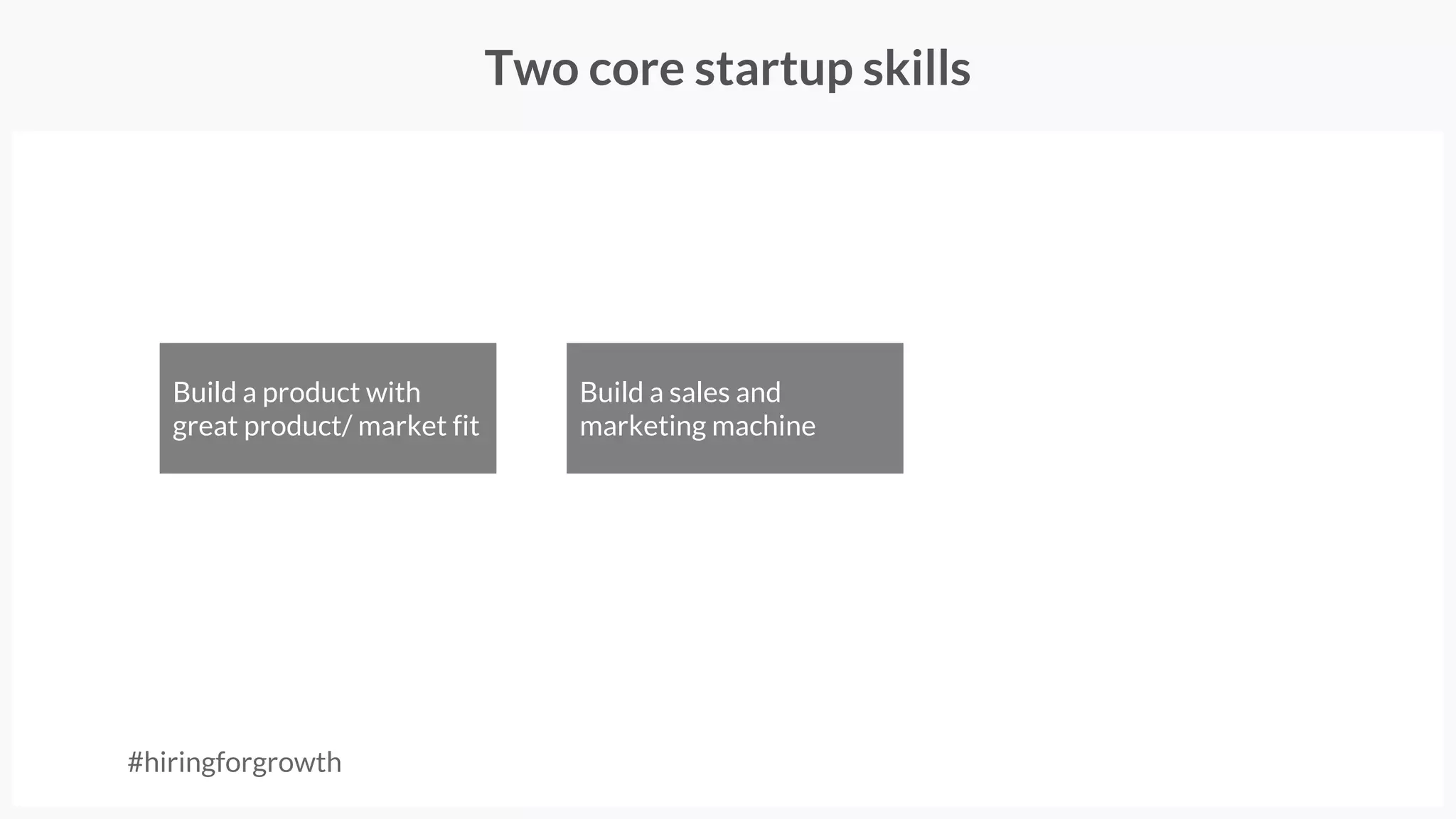 Two core startup skills
Build a product with
great product/ market fit
Build a sales and
marketing machine
#hiringforgrowth
 