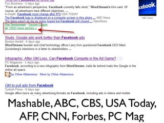 Mashable, ABC, CBS, USA Today,
AFP, CNN, Forbes, PC Mag

 