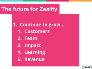 The future for Zealify
1.  Continue to grow...
1.  Customers
2.  Team
3.  Impact
4.  Learning
5.  Revenue
 