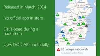 Xbox, Windows Phone
and iOS.
Released in March, 2014
No official app in store
Developed during a
hackathon
Uses JSON API unofficially
 
