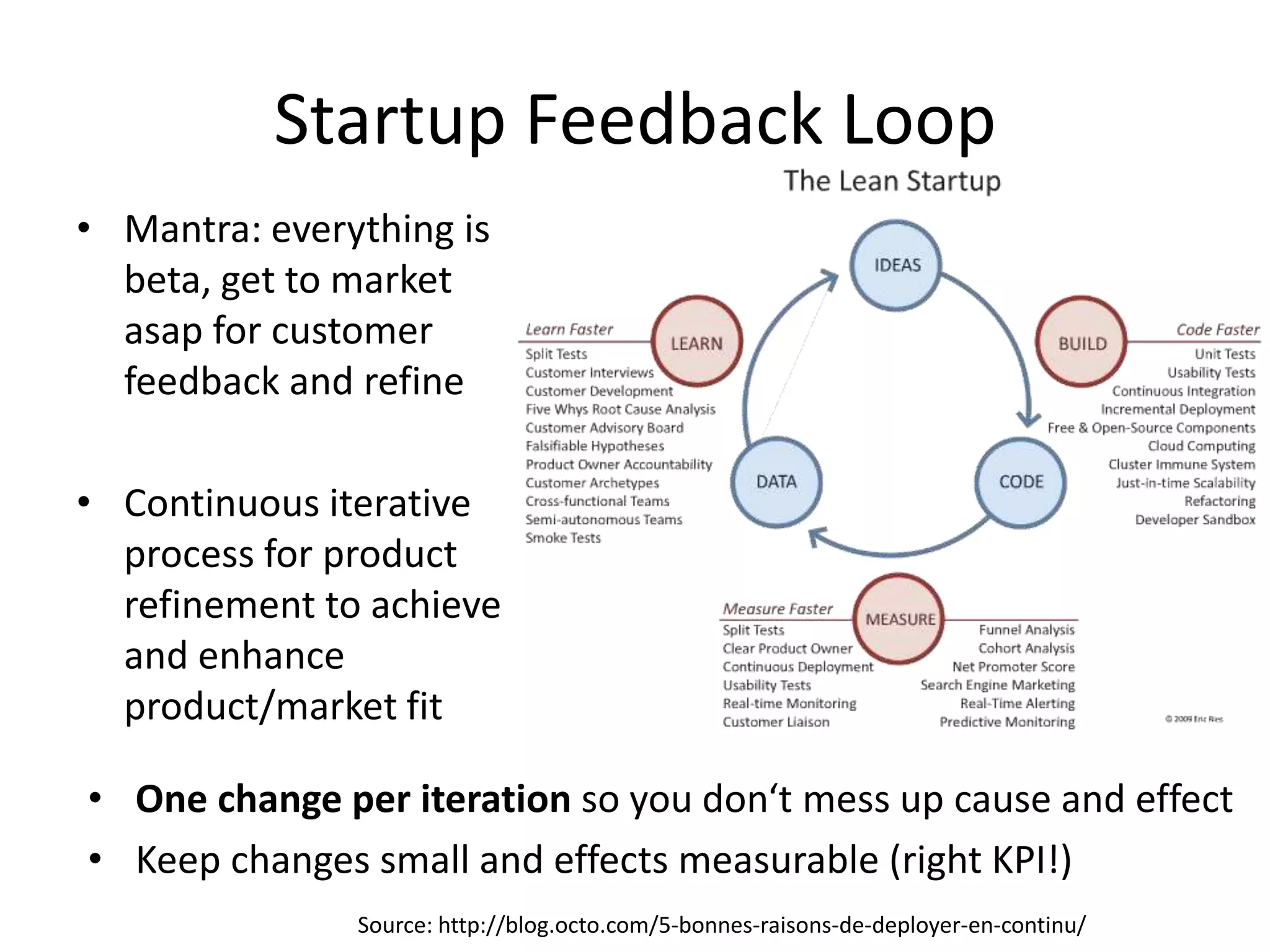 Startup Feedback Loop
• Mantra: everything is
  beta, get to market
  asap for customer
  feedback and refine

• Continuous iterative
  process for product
  refinement to achieve
  and enhance
  product/market fit

• One change per iteration so you don‘t mess up cause and effect
• Keep changes small and effects measurable (right KPI!)
               Source: http://blog.octo.com/5-bonnes-raisons-de-deployer-en-continu/
 