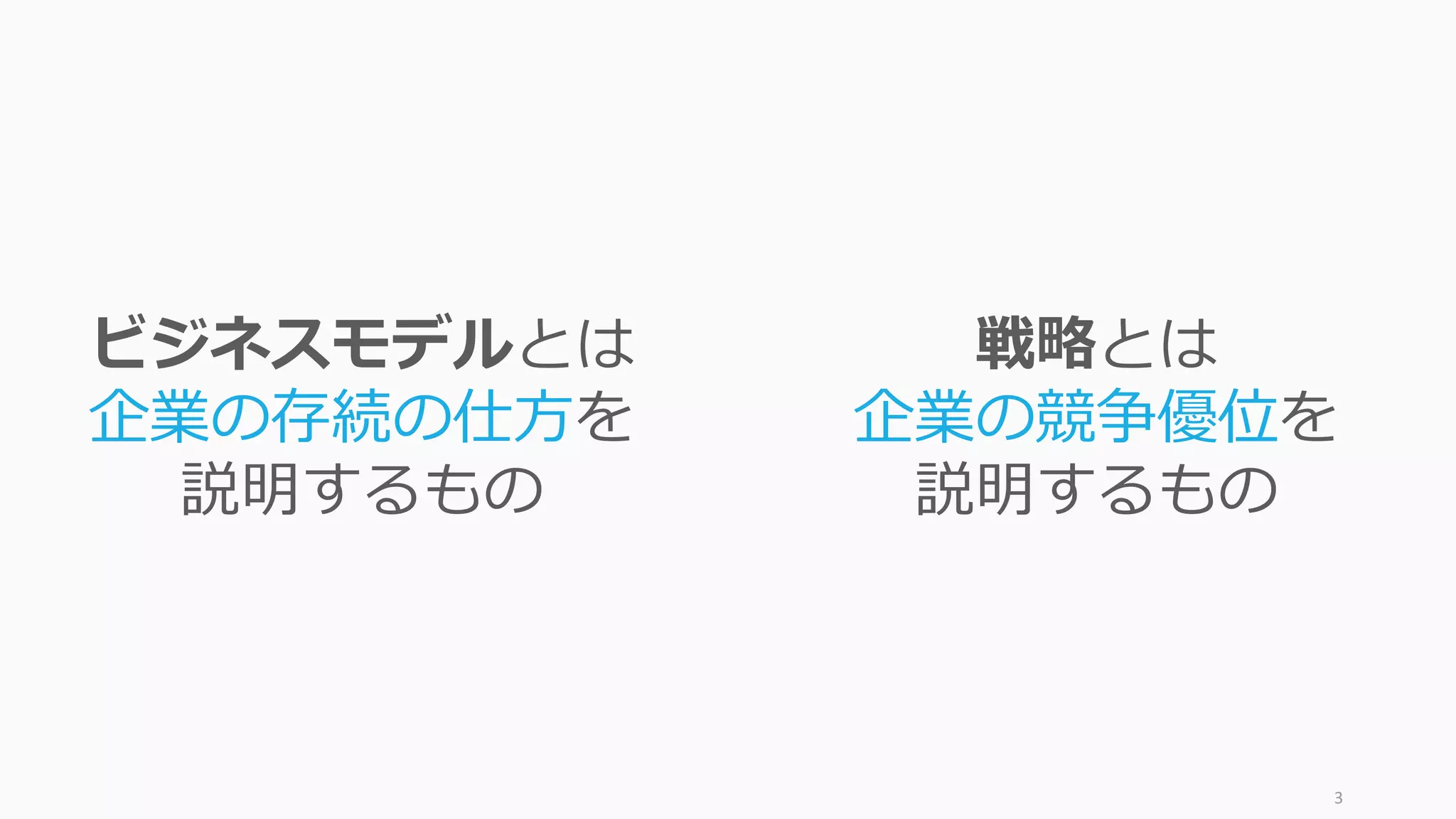 3
ビジネスモデルとは
企業の存続の仕⽅を
説明するもの
戦略とは
企業の競争優位を
説明するもの
 