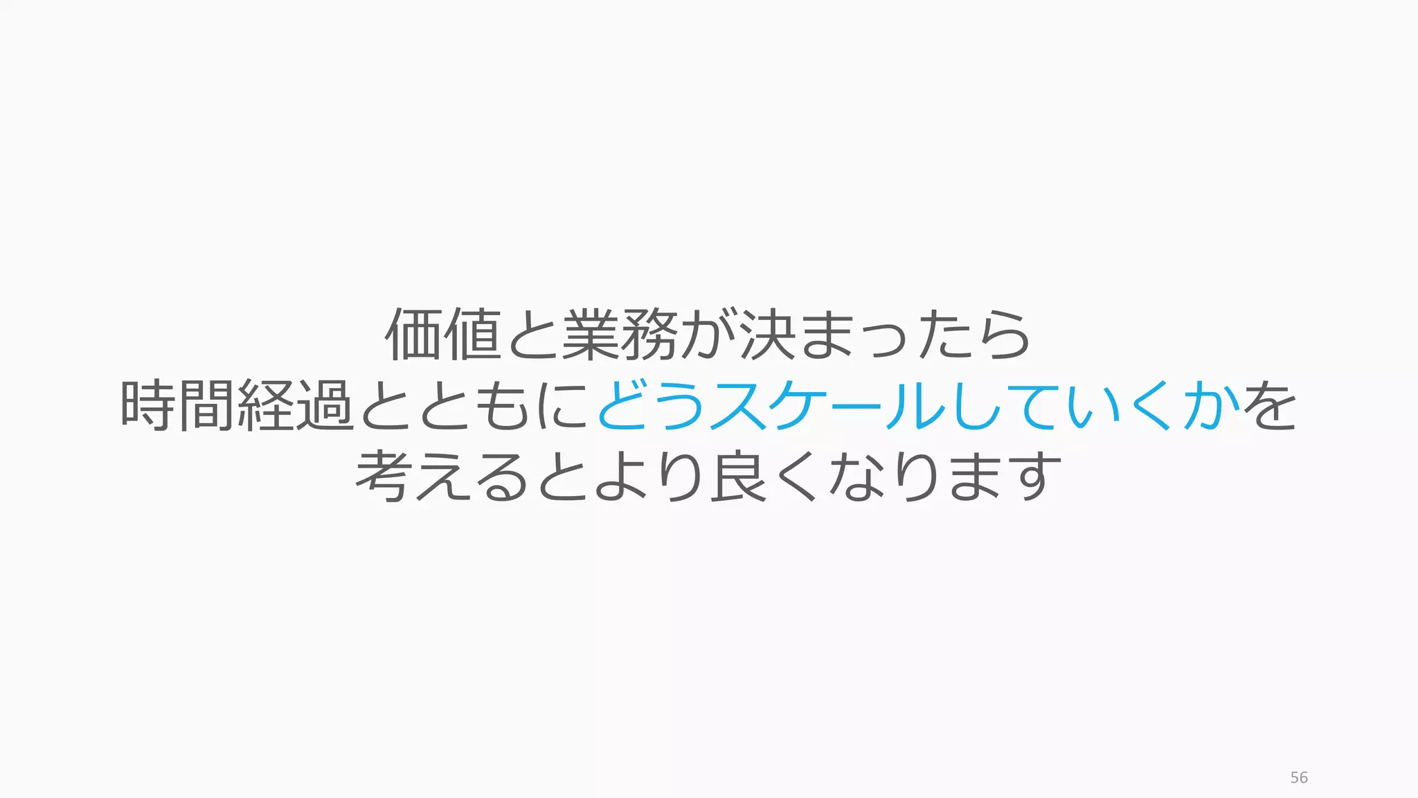 56
価値と業務が決まったら
時間経過とともにどうスケールしていくかを
考えるとより良くなります
 