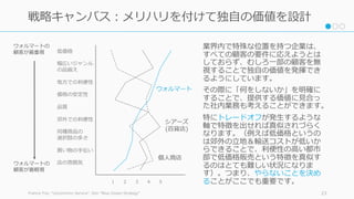 業界内で特殊な位置を持つ企業は、
すべての顧客の要件に応えようとは
しておらず、むしろ⼀部の顧客を無
視することで独⾃の価値を発揮でき
るようにしています。
その際に「何をしないか」を明確に
することで、提供する価値に⾒合っ
た社内業務も考えることができます。
特にトレードオフが発⽣するような
軸で特徴を出せれば真似されづらく
なります。（例えば低価格というの
は郊外の⽴地＆輸送コストが低いか
らできることで、利便性の⾼い都市
部で低価格販売という特徴を真似す
るのはとても難しい状況になりま
す）。つまり、やらないことを決め
ることがここでも重要です。
Francis Frei, “Uncommon Service”, Kim ”Blue Ocean Strategy” 23
戦略キャンバス：メリハリを付けて独⾃の価値を設計
1 2 3 4 5
低価格
幅広いジャンル
の品揃え
地⽅での利便性
価格の安定性
品質
郊外での利便性
同種商品の
選択肢の多さ
買い物の⼿伝い
店の雰囲気
ウォルマート
個⼈商店
シアーズ
(百貨店)
ウォルマートの
顧客が最重視
ウォルマートの
顧客が最軽視
 