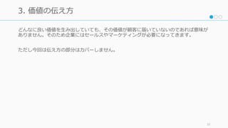 どんなに良い価値を⽣み出していても、その価値が顧客に届いていないのであれば意味が
ありません。そのため企業にはセールスやマーケティングが必要になってきます。
ただし今回は伝え⽅の部分はカバーしません。
32
3. 価値の伝え⽅
 